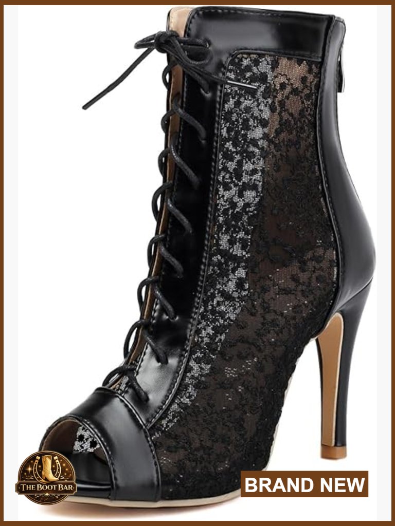 Lace Up Open Toe Booties Stiletto Heels Mesh Sequin Dance Shoes